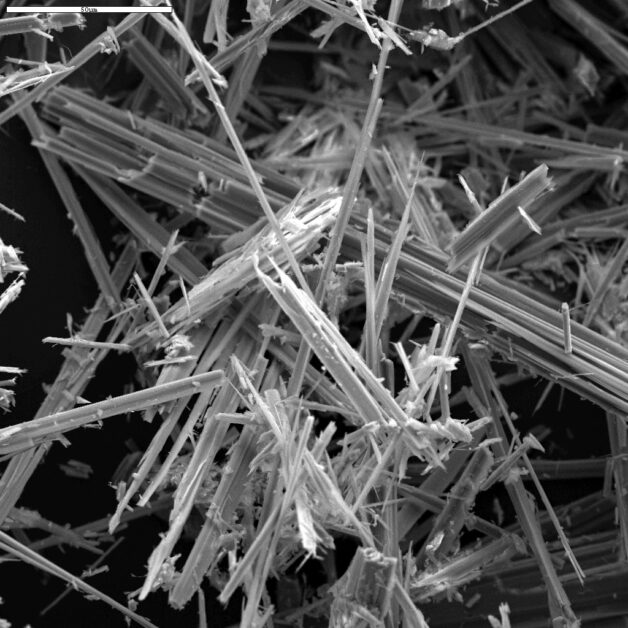 Asbestos fibers magnified under a microscope