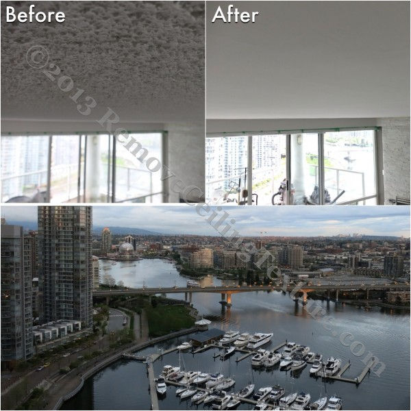 The ugly ceiling texture is removed and no longer competes with the million dollar view of False Creek