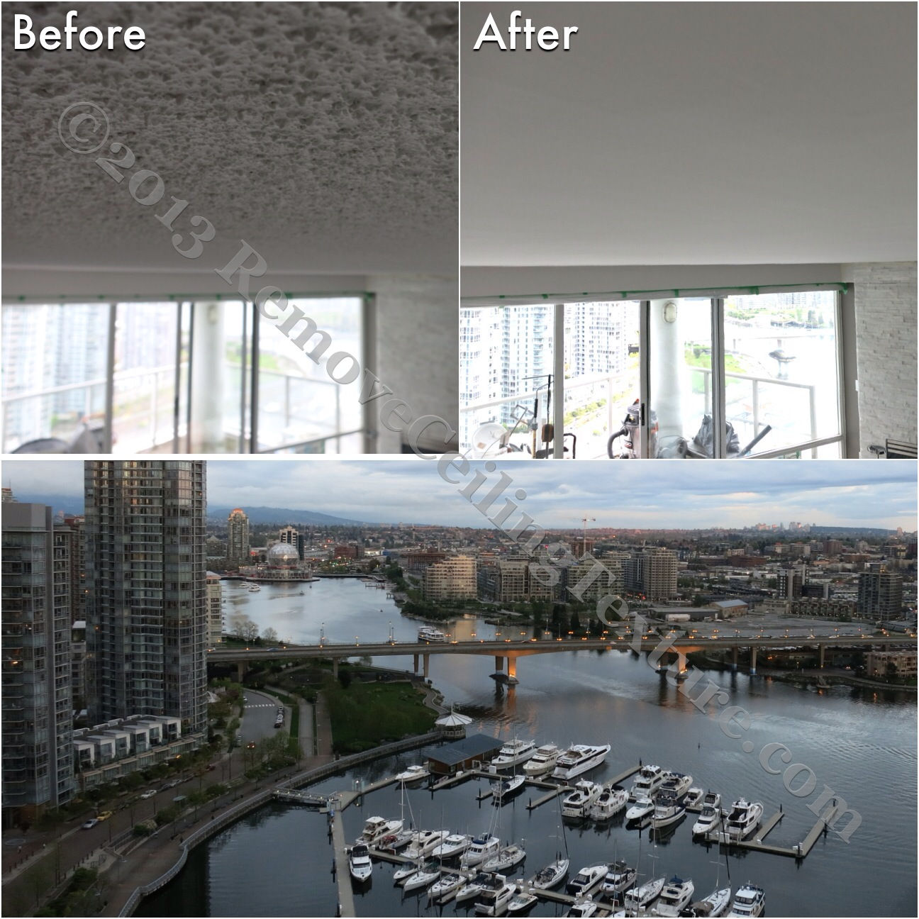 The ugly ceiling texture is removed and no longer competes with the million dollar view of False Creek