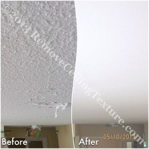 Texture removal takes care of this peeling, water damaged ceiling