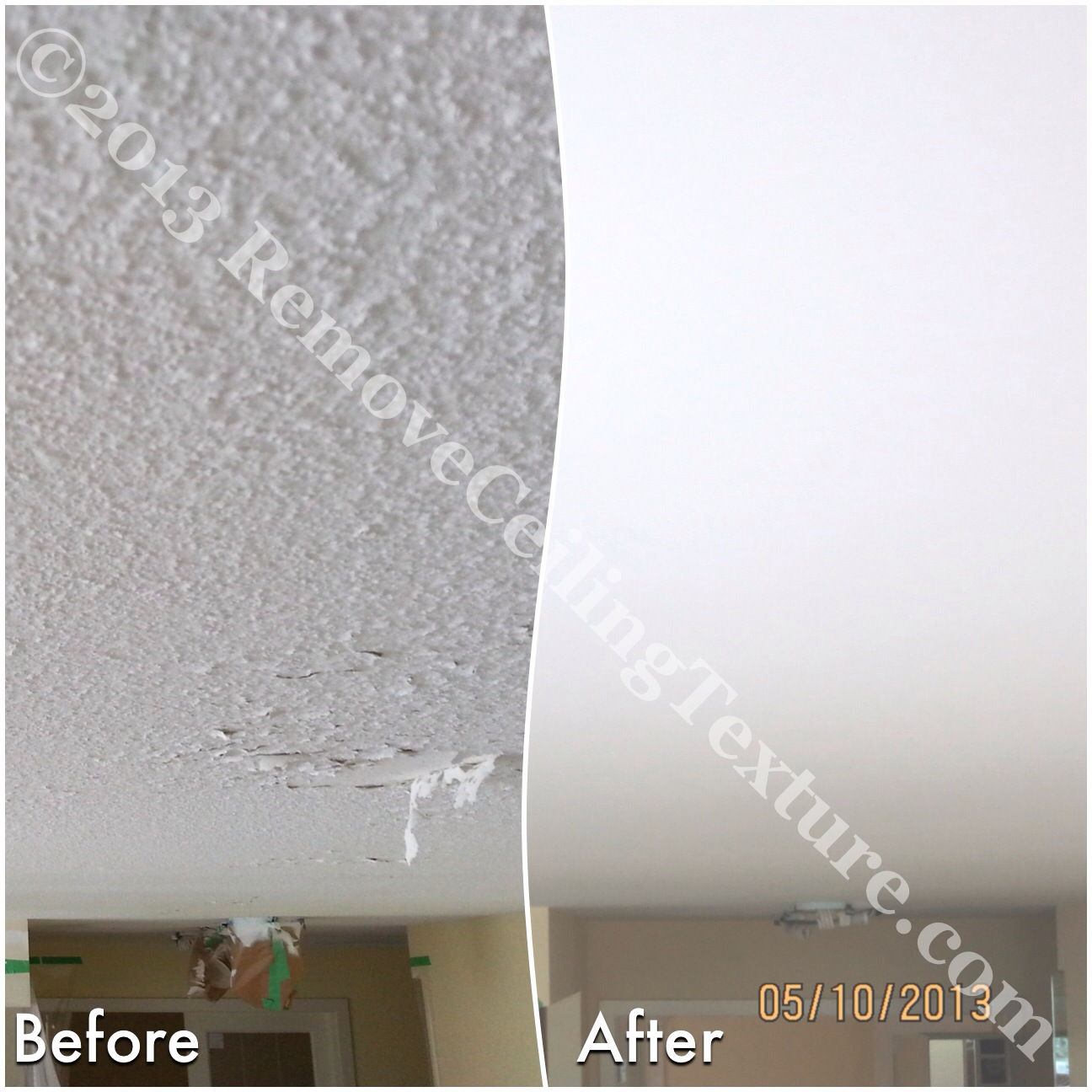 Peeling, water damaged ceilings at the entrance