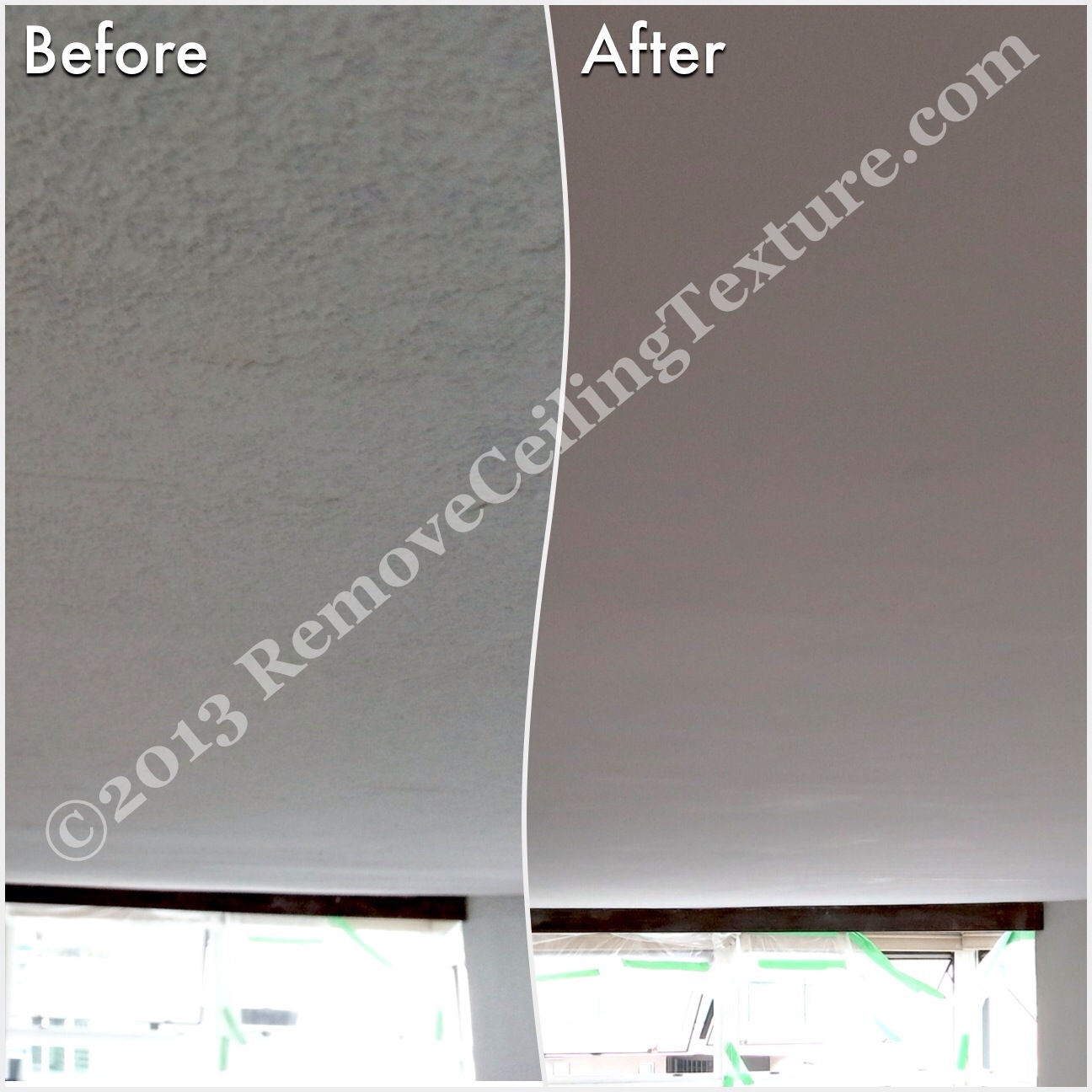 The before photo is after the homeowner tried scraping texture from ceilings. In the end he ended up calling RemoveCeilingTexture.com to fix the mess.