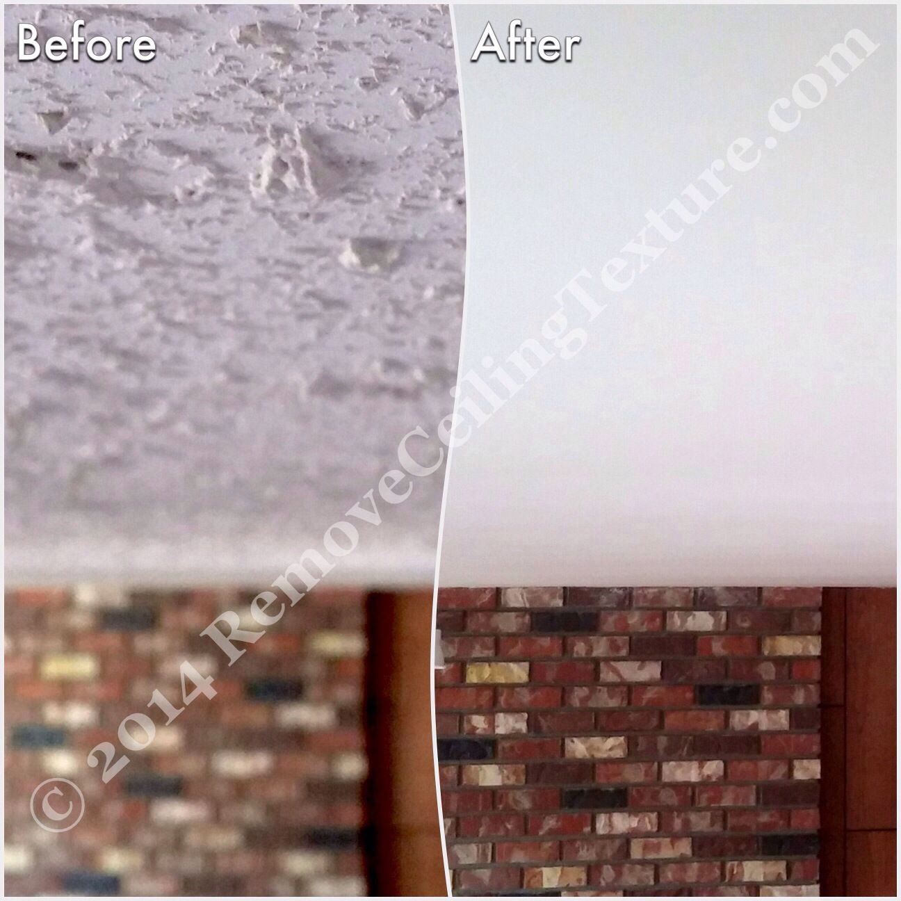 Removing popcorn ceilings: Fireplace before and after in Langley