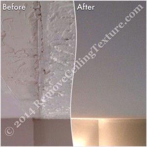 Removing popcorn ceilings: Before and after of ceiling texture removal after a wall was removed