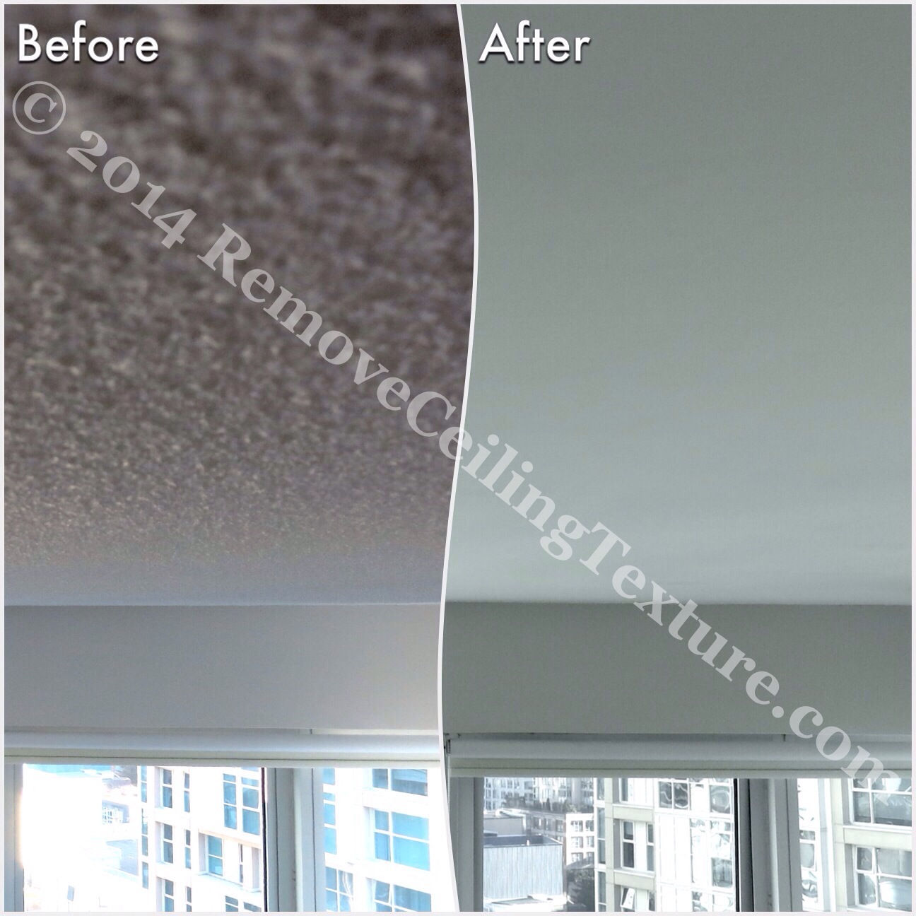 Once professional ceiling contractors were called in, the texture removal went smoothly: Living room with smooth ceilings - condo at 1331 Homer St, Vancouver