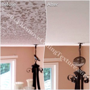 Covering Popcorn Ceilings:  Before and after photo of a dining room in Delta
