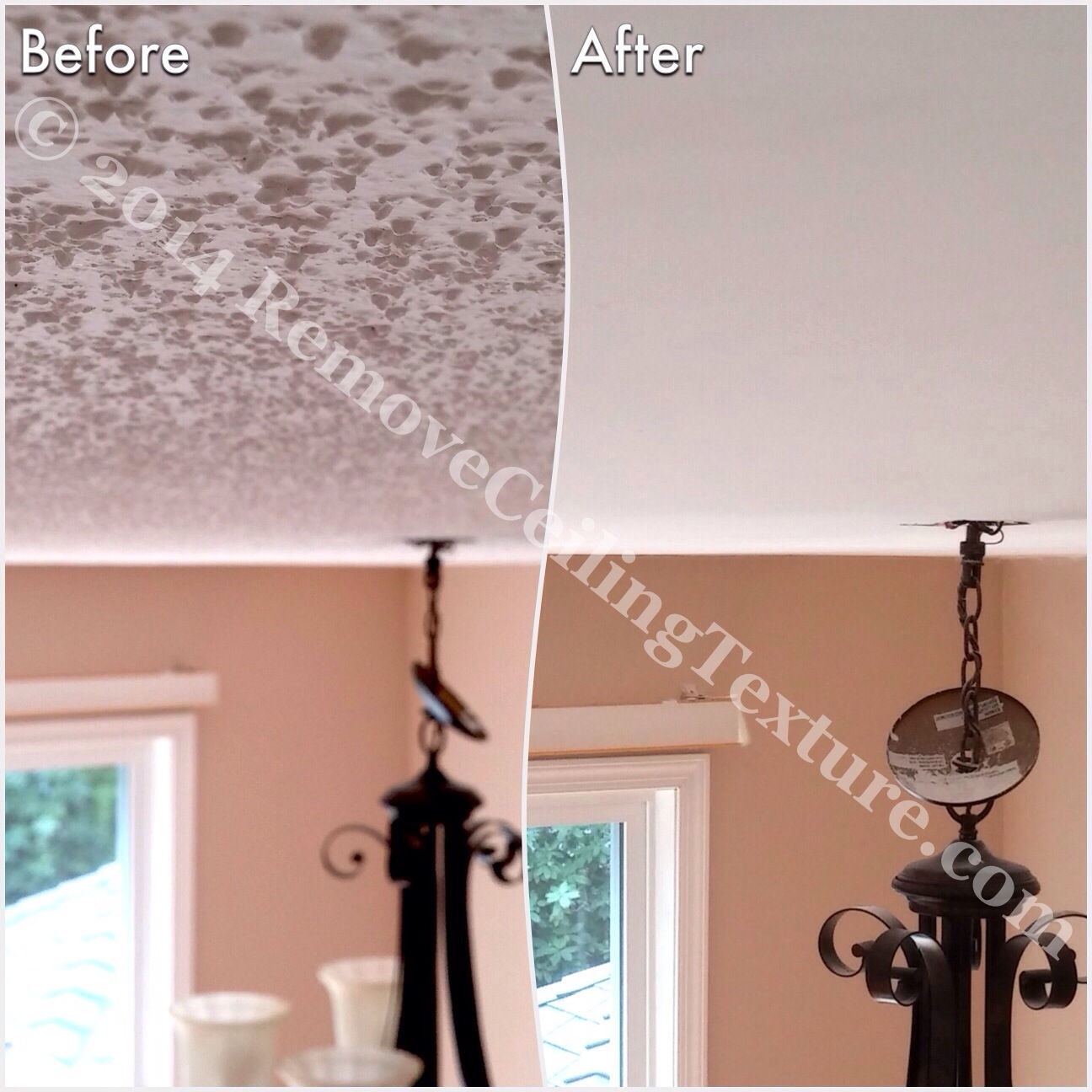 Covering Popcorn Ceilings: Before and after photo of a dining room in Delta