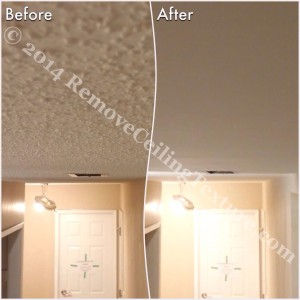 Covering Popcorn Ceilings: Before and after photo of a hallway in Delta