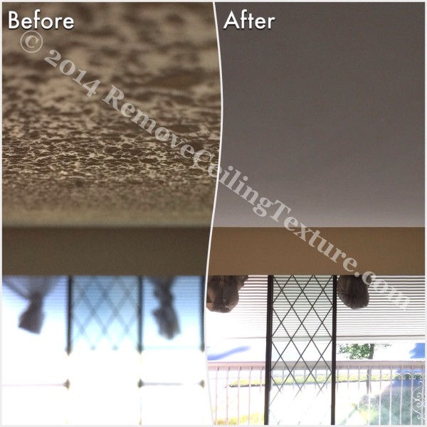 Before and after popcorn ceiling removal in the dining room of a Delta home.