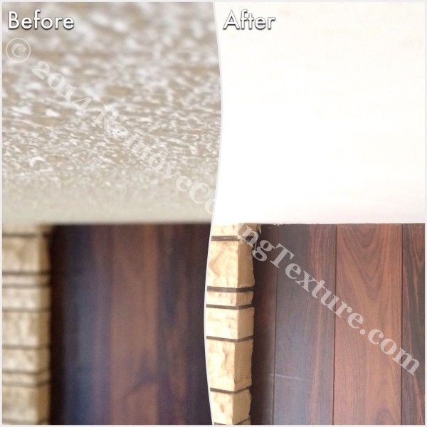 Before and after popcorn ceiling removal in the living room of a Delta home.