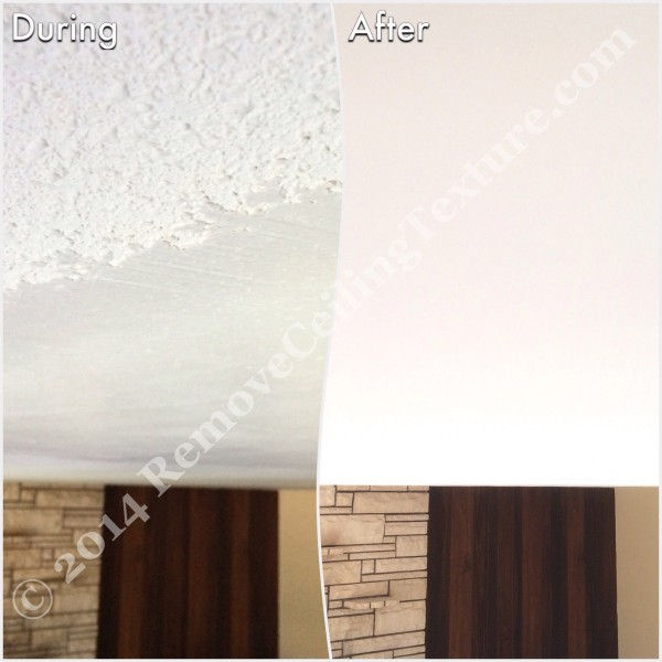 During photo and after photo of popcorn ceiling removal in the living room of a Delta home.