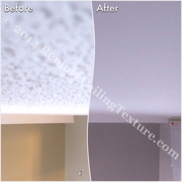 Before and after of ceiling texture removal at a condo at 621 East 6th Ave, Vancouver - Bedroom (2)