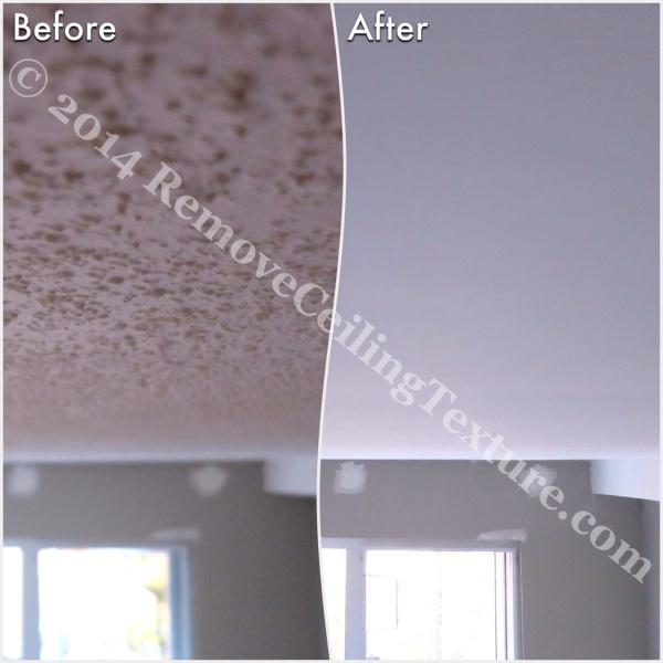 Before and after of ceiling texture removal at a condo at 621 East 6th Ave, Vancouver - Bedroom (3)