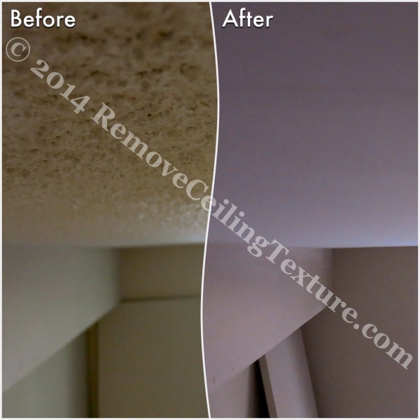 Before and after of ceiling texture removal at a condo at 621 East 6th Ave, Vancouver - Bedroom (4)