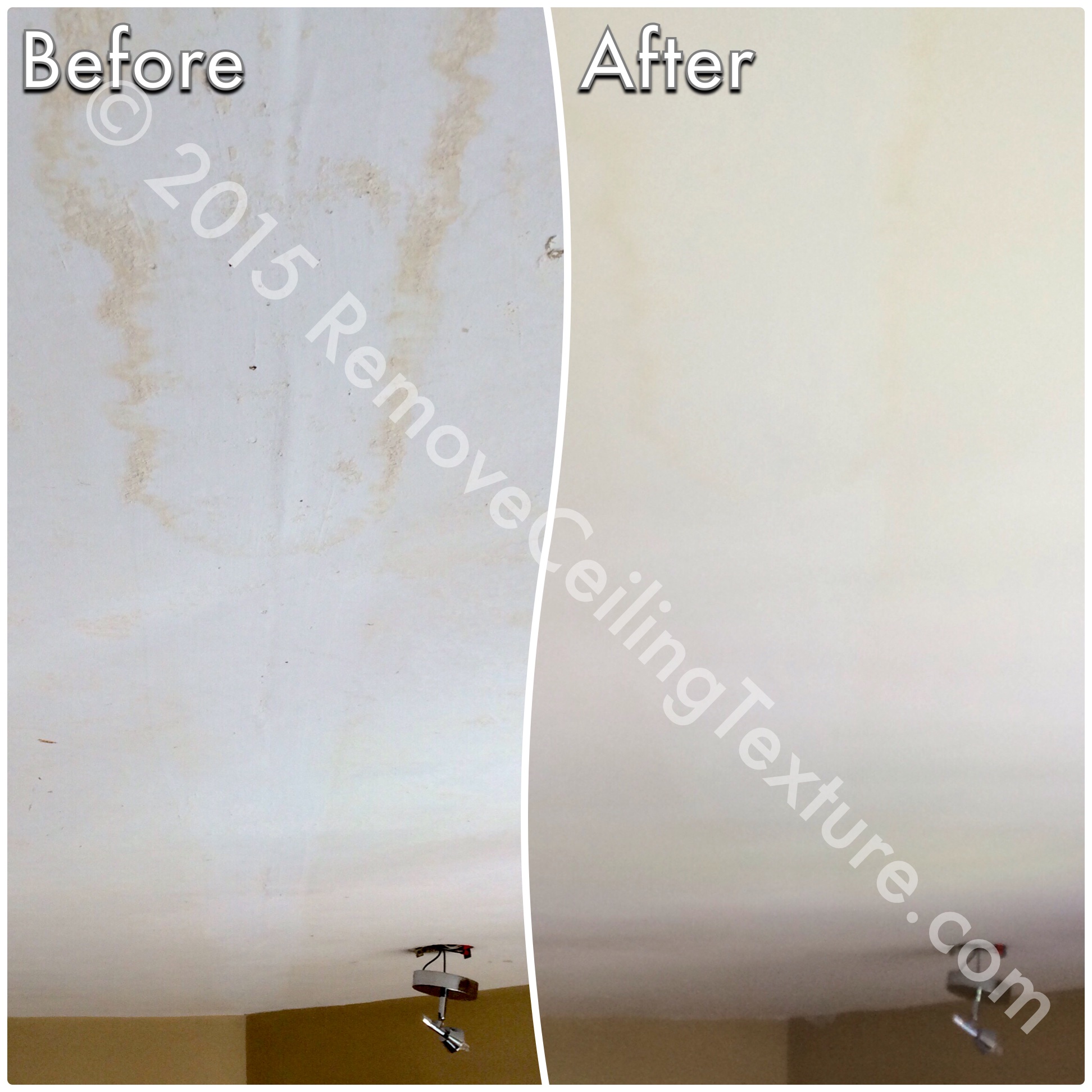 Before: Scraped ceilings are rough and ugly. After: Ceilings have been resurfaced to a smooth finish